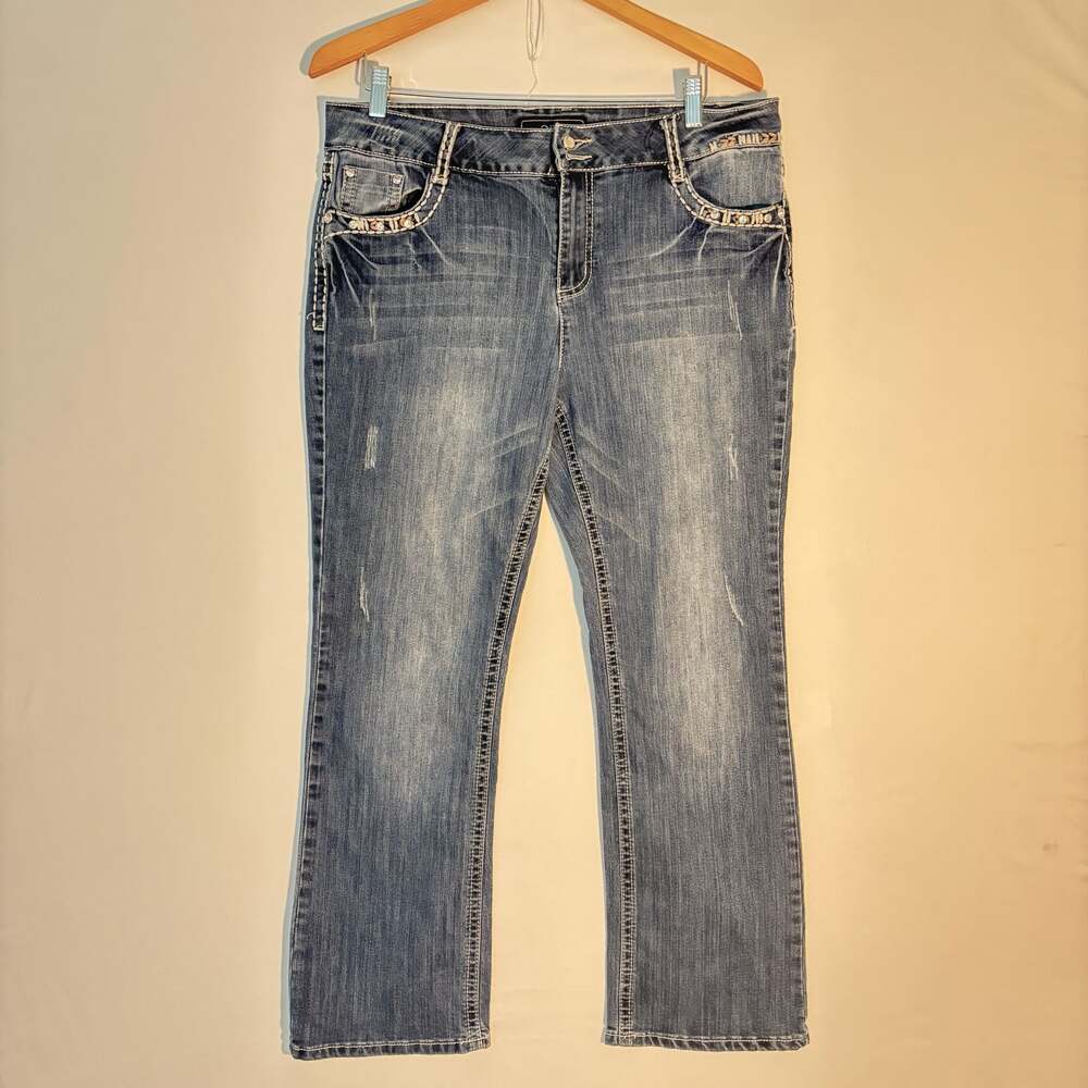 Cato Classic Petite Embroidered and Rhinestone Studded Straight Leg Jeans Size 1
